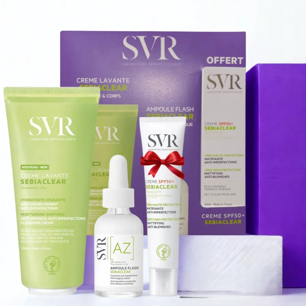 SVR COFFRET SEBIACLEAR CREME LAVANTE 200ML+AMPOULE AZ FLASH ANTI IMPERFECTIONS 30ML+CREME SOLAIRE MATIFIANTE SPF50 40ML (OFFERT)