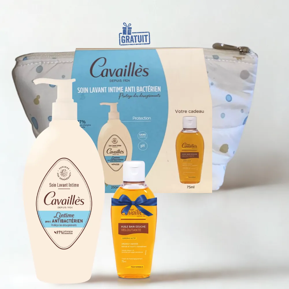 ROGE CAVAILLES TROUSSE SOIN TOILETTE INTIME NATUREL ANTI BACTERIEN 250ML+HUILE BAIN DOUCHE VELOUTANTE 75ML (OFFERT)